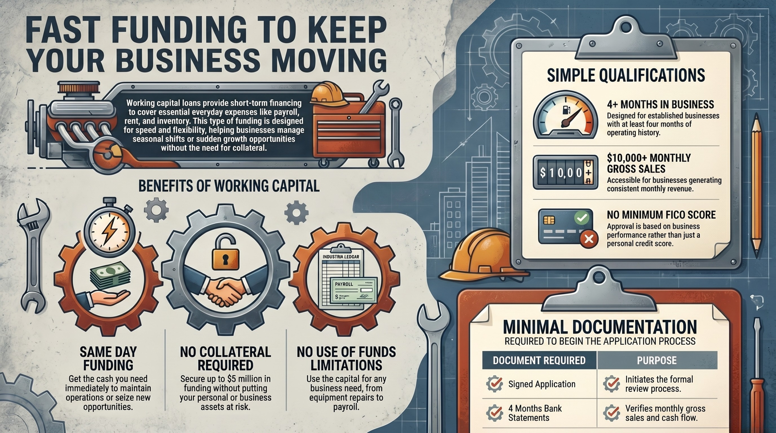 Infographic displaying working capital qualification metrics: 4 plus months in business, over $10,000 in monthly revenue, and no minimum FICO score required.