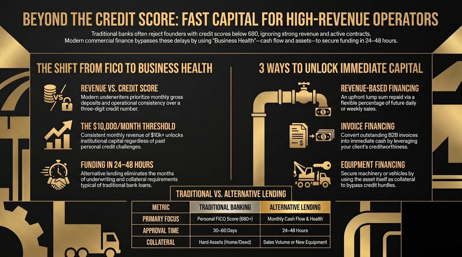 Infographic explaining alternative lending for high-revenue operators, comparing traditional banking to revenue-based financing, invoice financing, and equipment financing.