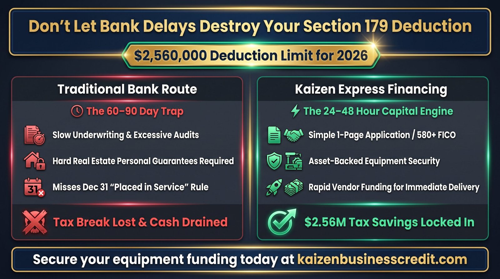 Section 179 Tax Deduction Comparison: Commercial Bank Delays vs Kaizen Express Equipment Financing