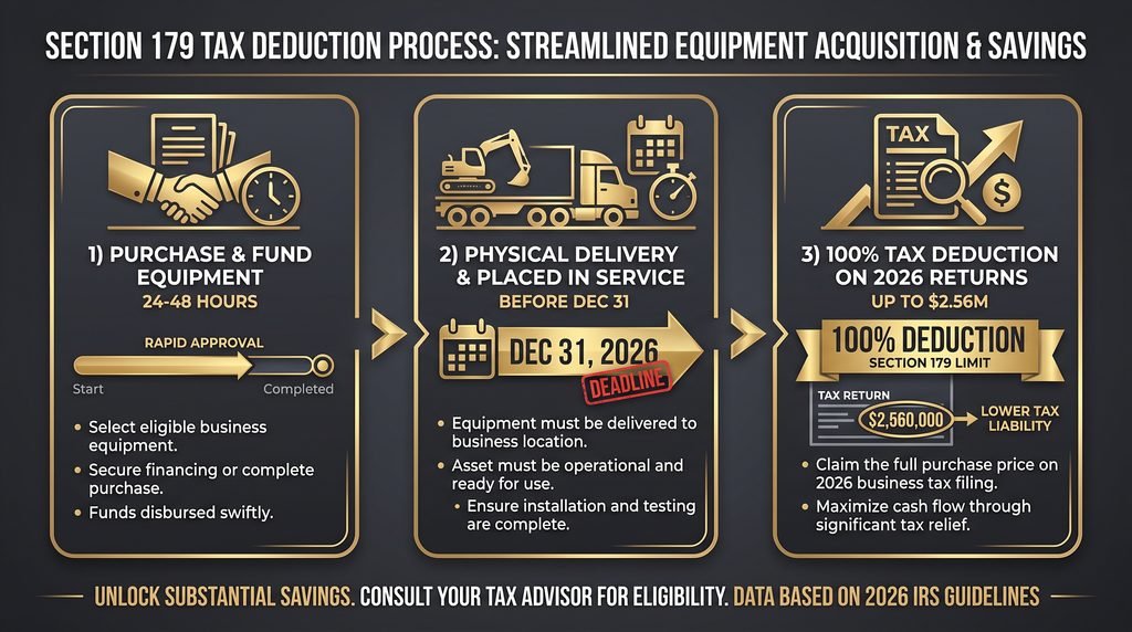 Section 179 Tax Deduction Process infographic detailing a 3-step equipment acquisition and savings timeline: Step 1 shows purchasing and funding equipment in 24 to 48 hours; Step 2 highlights physical delivery and placed-in-service operational status before the December 31 deadline; Step 3 illustrates claiming up to $2.56 million in 100% tax deductions on 2026 tax returns to lower corporate tax liability and maximize cash flow.